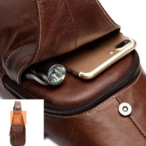 Vista 3 de Mochila estilo bandolera de piel para hombres y mujeres, bandolera de hombro, al pecho, mochila de uso diario para viajes, al aire libre