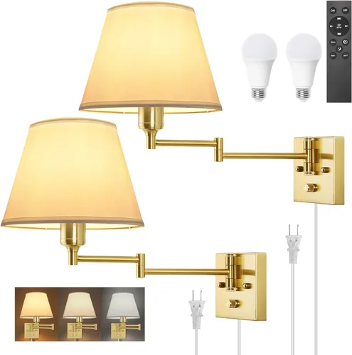 Vista 9 de TRLIFE Aplique de pared enchufable, juego de 2 lámparas de pared regulables con brazo oscilante de níquel cepillado, cable de enchufe y interruptor