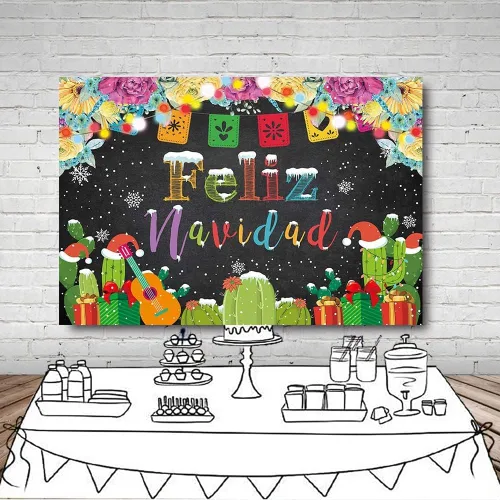 Vista 4 de MEHOFOND Telón de fondo de Feliz Navidad para fiesta, fiesta mexicana de Feliz Navidad, copo de nieve, fondo de fotografía, decoración de cactus