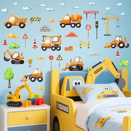 Vista 2 de Calcomanías de pared para automóvil, camión, construcción, vehículos, calcomanías de pared de dibujos animados, acuarela, calcomanías de tractor