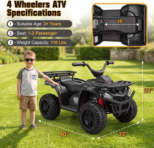 Vista 4 de Hikole 24V ATV 4 ruedas para niños 3-6, paseo eléctrico Quad, ruedas Negro