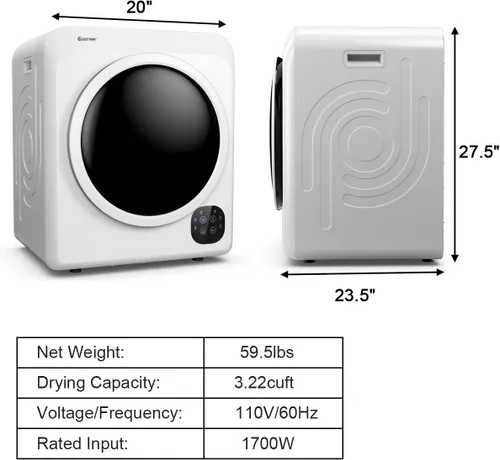 Vista 7 de COSTWAY Secadora eléctrica portátil de 1700W, secadora compacta de ropa de carga frontal con capacidad de 6 kg, tambor de acero inoxidable, panel