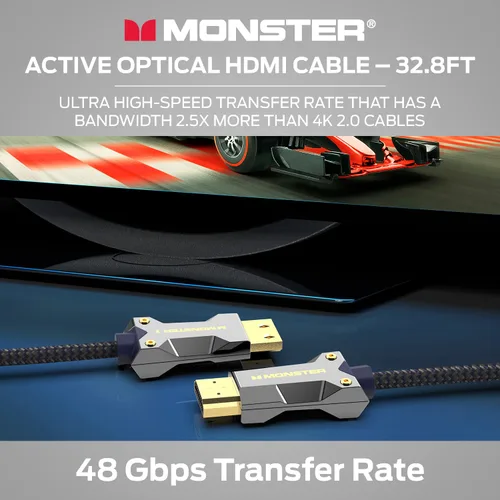 Vista 3 de Monster Cable óptico activo de la serie M con certificación Lightwave HDMI de 2.1-48 Gbps con conector de extrusión de aluminio, V-Grip, funda