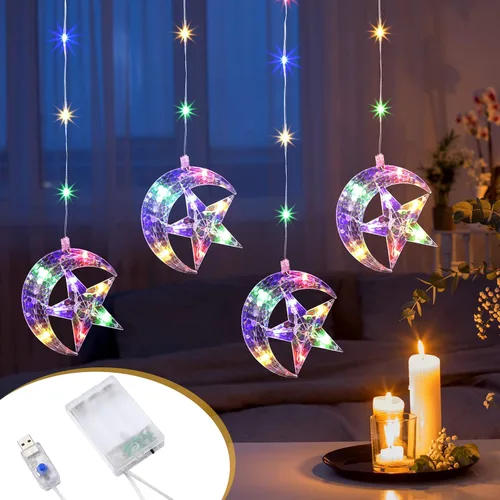 Vista 5 de Geelin Decoraciones de Ramadán para el hogar, tira de luces LED Eid para ventana, 3 pies, 4 pilas de luna y estrella y luces de Ramadán alimentadas