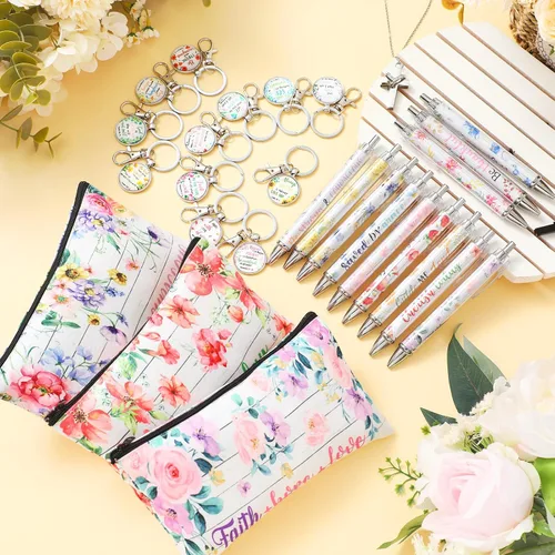 Vista 7 de 36 piezas de regalos cristianos para mujeres a granel, bolsas de maquillaje cristianas, llavero religioso, bolígrafos con versículos bíblicos, citas