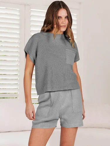Vista 7 de ANRABESS Conjunto de dos piezas para mujer, suéter corto, suéter y pantalones cortos, conjunto de ropa de descanso