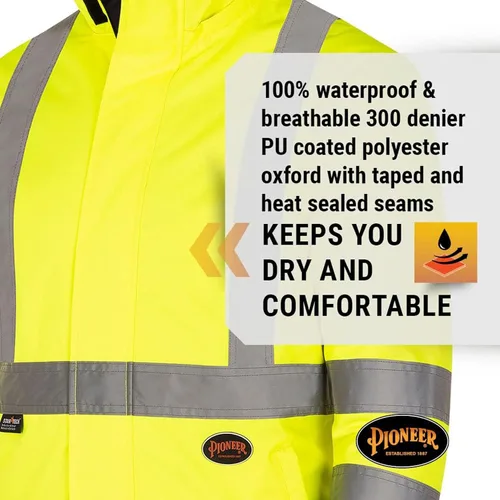 Vista 3 de Pioneer Hi Vis - Chaqueta impermeable de seguridad 2 en 1 para hombres y mujeres, se invierte a un acolchado negro, equipo impermeable reflectante
