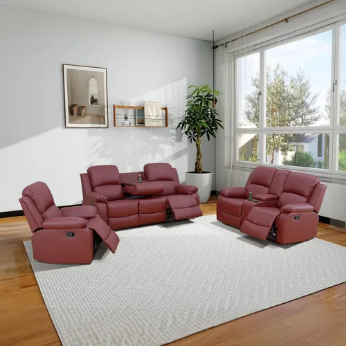 Vista 22 de Sofá reclinable manual de cuero para muebles de sala de estar, sofá reclinable de 78 pulgadas con mesa abatible, portavasos y sofá de cuero