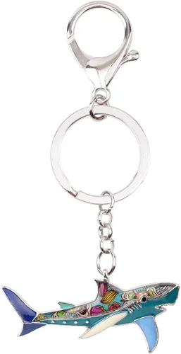 Vista 4 de Llavero de tiburón de aleación esmaltada, anillo para bolso de mano, llavero de moda, joyería de pescado oceánico para mujeres y niños, regalo