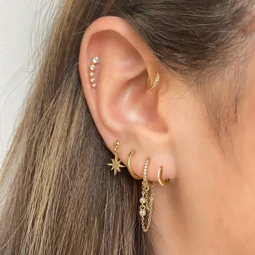 Vista 3 de Aretes de aro pequeños de oro para mujer chapados en oro real de 14 quilates, hipoalergénicos, para cartílago pequeño