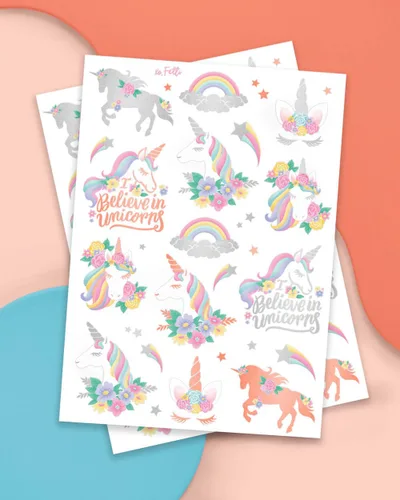 Vista 2 de xo, Fetti Recuerdos de fiesta de unicornio – Tatuajes temporales para niños – 26 estilos Suministros para fiesta de cumpleaños, decoraciones