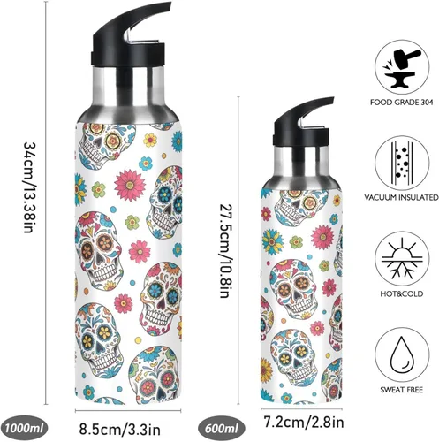 Vista 2 de BPA-Free Sport Water Bottle 32 Oz, Insulated Stainless Steel Water Bottle with Straw for Gym Outdoor Travel School, Colorful Skulls Floral