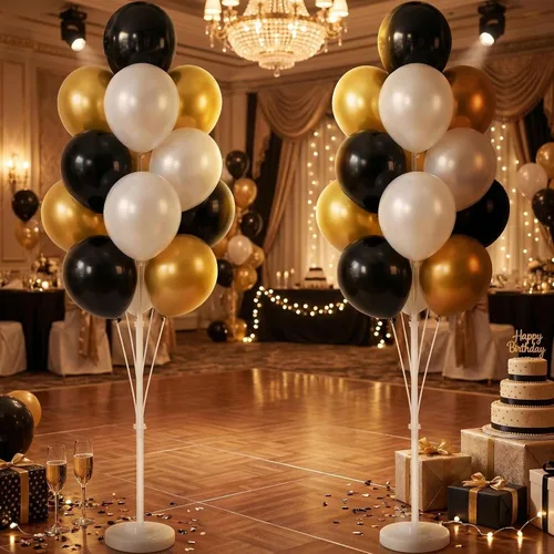 Vista 6 de HIINS - Juego de 2 columnas de globos de oro negro de 10 pulgadas con base y poste, decoración de fondo para fiesta