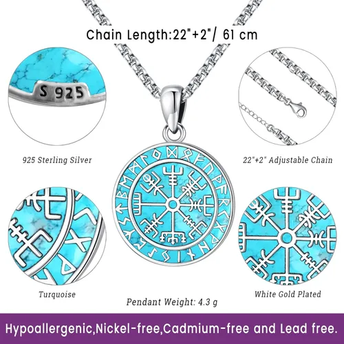 Vista 63 de Joyas de turquesa para mujeres y hombres de plata de ley 925 con colgante de urna para cenizas, collar con medallón de imagen, martillo de Thor