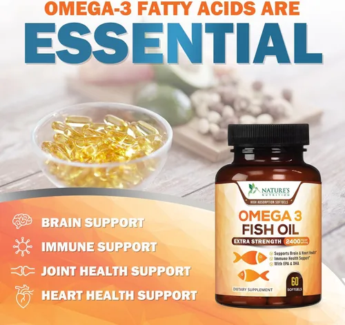 Vista 5 de Suplementos de aceite de pescado Omega 3 – 2400 mg de aceite de pescado por porción – Omega-3 de triple fuerza con ácidos grasos EPA y DHA – Apoyo