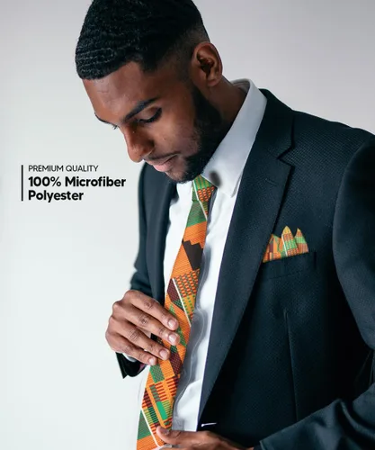 Vista 29 de Juego de corbata Kente con estampado africano y animal y pañuelo de bolsillo a juego