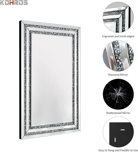 Vista 4 de Espejo de baño rectangular con diamantes de cristal de 36 x 24 Vidrio templado HD