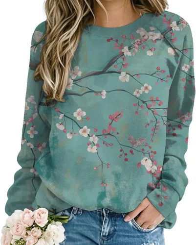 Vista 11 de ZOCANIA Sudaderas para mujer, sin capucha, manga larga, cuello redondo, estampado floral, ajuste holgado