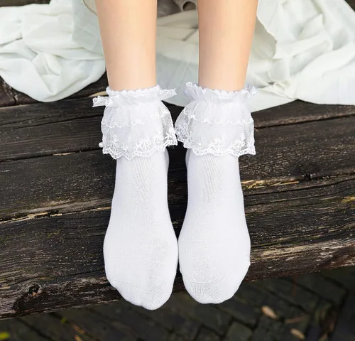 Vista 2 de SEMOHOLLI Calcetines de tobillo para mujer, con volantes de encaje con perlas, cómodos, no visibles, de algodón, calcetines de princesa, calcetines