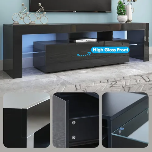 Vista 6 de Soporte de TV negro con 2 estantes de almacenamiento y 3 estantes abiertos, TV LED de alto brillo, centro de entretenimiento de TV, consola de TV