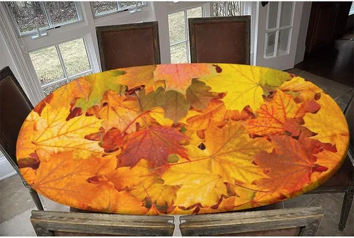 Vista 6 de Mantel ajustable ovalado de otoño, con borde elástico de hoja de arce, manteles de poliéster, para interiores, restaurantes, exteriores, terraza