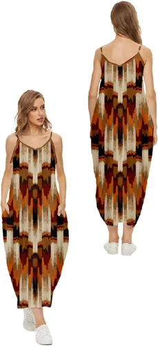 Vista 3 de SIAOMA Vestido largo de nativo americano con cuello en V y tiras indio nativo estampado 3D suelto vestido casual de verano