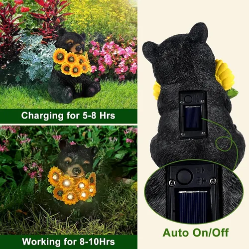 Vista 3 de Luces solares de jardín para exteriores, estatuas de oso negro con girasoles, decoración de escultura, regalos de madre para mujeres, hombres