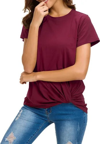 Vista 2 de MSHING Blusa de manga corta con cuello redondo para mujer, cómoda, de algodón, básica