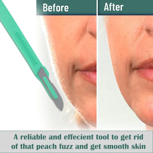 Vista 6 de Bisturí facial estéril desechable #20, herramienta de depilación y dermaplaning, cuchillas de acero al carbono de precisión con mango de plástico