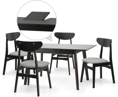 Vista 2 de Juego de mesa de comedor de 5 piezas, 4 sillas Yumiko de madera maciza con mesa de comedor rectangular extensible Edison, juego de comedor