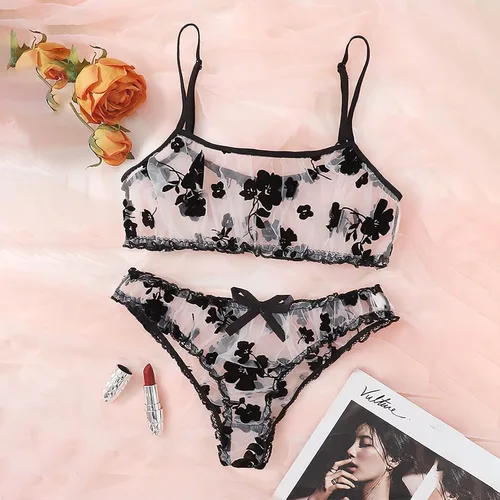 Vista 2 de Conjunto de 2 piezas de brasier y bragas con aros para mujer, conjunto de lencería sexy con lazo y corbatín