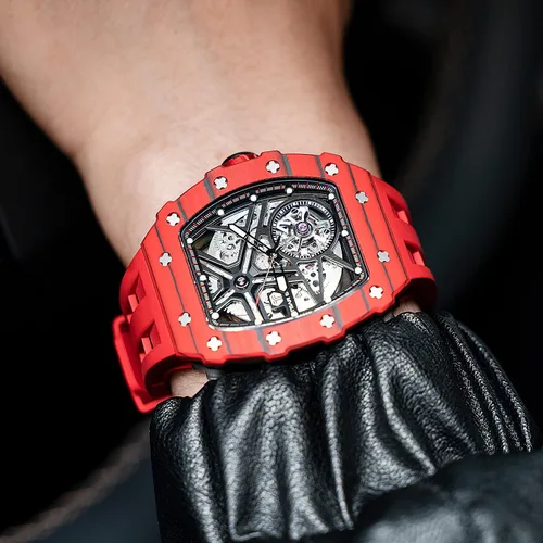 Vista 5 de Relojes automáticos para hombre, reloj impermeable hasta 164.0 ft, reloj analógico de esqueleto mecánico de lujo, correas de reloj de silicona