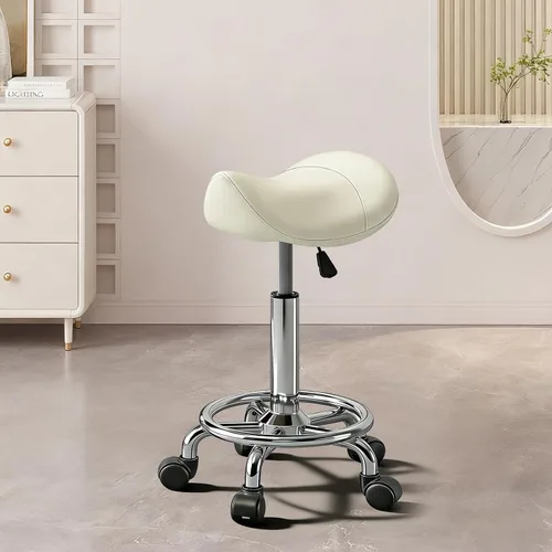 Vista 10 de Taburete con pedal de anillo, silla hidráulica ajustable con ruedas para uso médico, masaje, salón, spa, cocina y dibujo Blanco