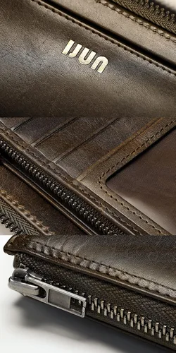 Vista 3 de IJUN Cartera larga de cuero de grano completo para hombres con cremallera de cuero genuino vintage italiano pulido a mano vegetal curtido de cuero