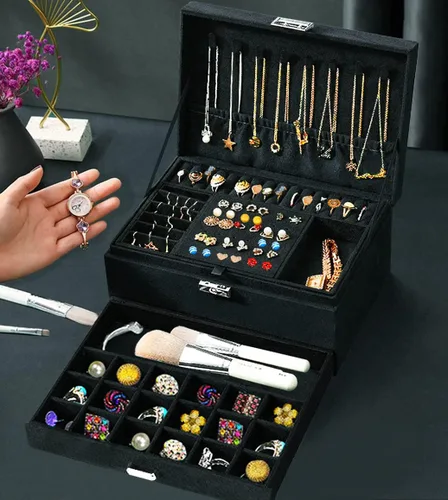 Vista 5 de QBestry Caja organizadora de joyas para mujeres y hombres caja de joyería de terciopelo negro de 3 capas grande de almacenamiento de joyas