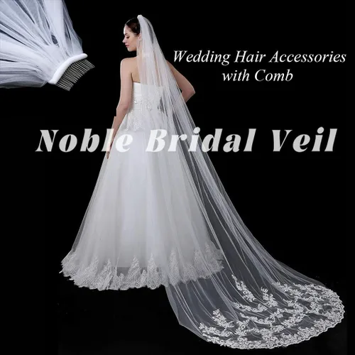 Vista 4 de Aiosy - Velo de novia con bordado, borde de encaje, con peine, longitud catedral, accesorios para el cabello