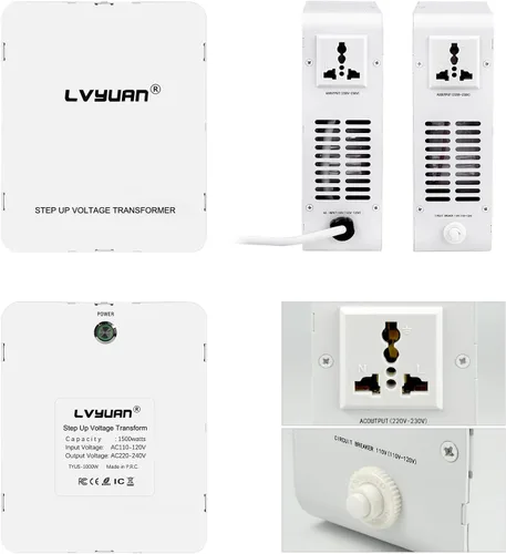 Vista 4 de Transformador elevador LVYUAN 800W 110/120V a 220/240V resettable circuit breaker, compatible EU & Asian appliances for US & Canada use, pure