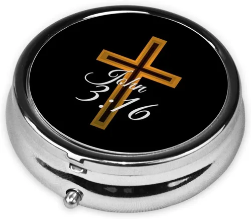 Vista 2 de Religious Cross John 3-16 Pastillero redondo simplificar la rutina diaria de medicamentos