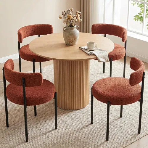 Vista 14 de Juego de 2 sillas de comedor Boucle, sillas de comedor beige con asiento tapizado y respaldo redondo, sillas de cocina modernas de mediados de siglo