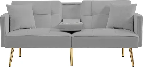 Vista 6 de Sofá sofá futón con respaldo ajustable, sofá biplaza de terciopelo con patas de metal para sala de estar, dormitorio, espacio pequeño (gris)