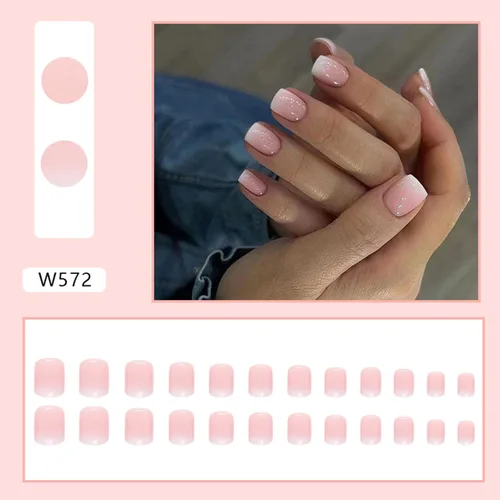 Vista 2 de Kit de uñas postizas cuadradas cortas y degradadas, color rosa, brillantes, reutilizables, con pegamento, de ajuste natural, uñas acrílicas