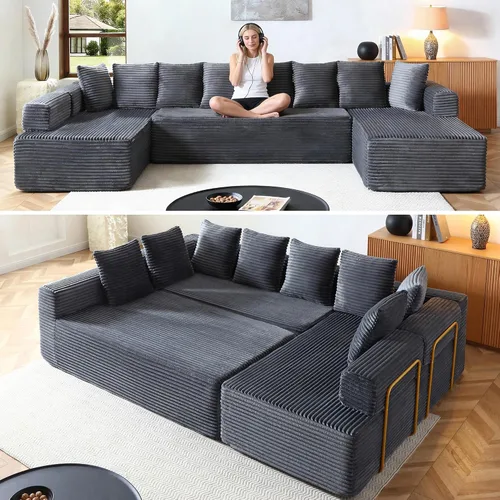 Vista 33 de Sofá grande sin hueso de 125 pulgadas con diván, moderno sofá modular con asiento profundo, sofá tapizado de pana en forma de U para sala de estar