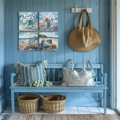 Vista 6 de Decoración de baño, arte de pared de playa, tema oceánico, imagen azul, impresión en lienzo, obra de arte costera moderna, enmarcada para colgar