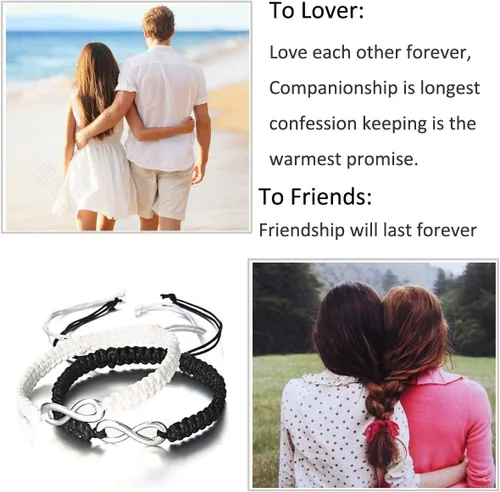 Vista 6 de RINHOO Forever Lovers - Juego de 2 pulseras de acero inoxidable con infinitos, cuerda trenzada de cuero, pulsera de muñeca ajustable de 7 a 9