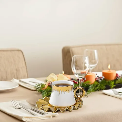 Vista 8 de Juego de 6 tazas de café turco de cerámica de 3.5 onzas, tazas y platillos de porcelana para capuchino italiano británico con ribete dorado