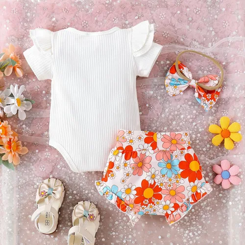 Vista 3 de ZAXARRA Conjunto de 3 piezas de pantalones cortos con estampado floral y diadema para bebé niña