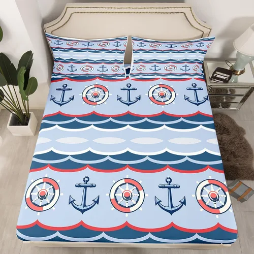 Vista 19 de Sábana bajera ajustable de tamaño individual para niños, diseño de animales marinos náuticos, juego de ropa de cama coral bajo el mar, juego de ropa