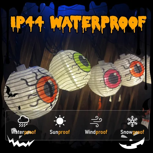 Vista 3 de Guirnalda de luces de Halloween, 8.5 pies, luces LED de ojo blanco enchufable, 10 linternas de Halloween, tira de luces conectables para decoración