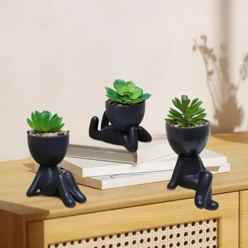 Vista 6 de Zerzsy 3 plantas suculentas artificiales con macetas creativas de cerámica en forma de humano, mini plantas en maceta, plantas falsas de baño Negro