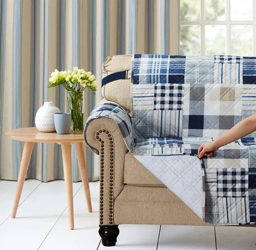 Vista 2 de Brilliant Sunshine Blue Plaids & Stripes - Funda para sillón de sofá, asiento de 23 pulgadas Patchwork Design, Non Slip Sofa Cover, Quilted